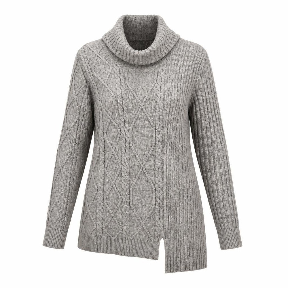 Soft Surroundings Sweater Womens M Gray Asymmetrical Hem Cable Knit Turtleneck